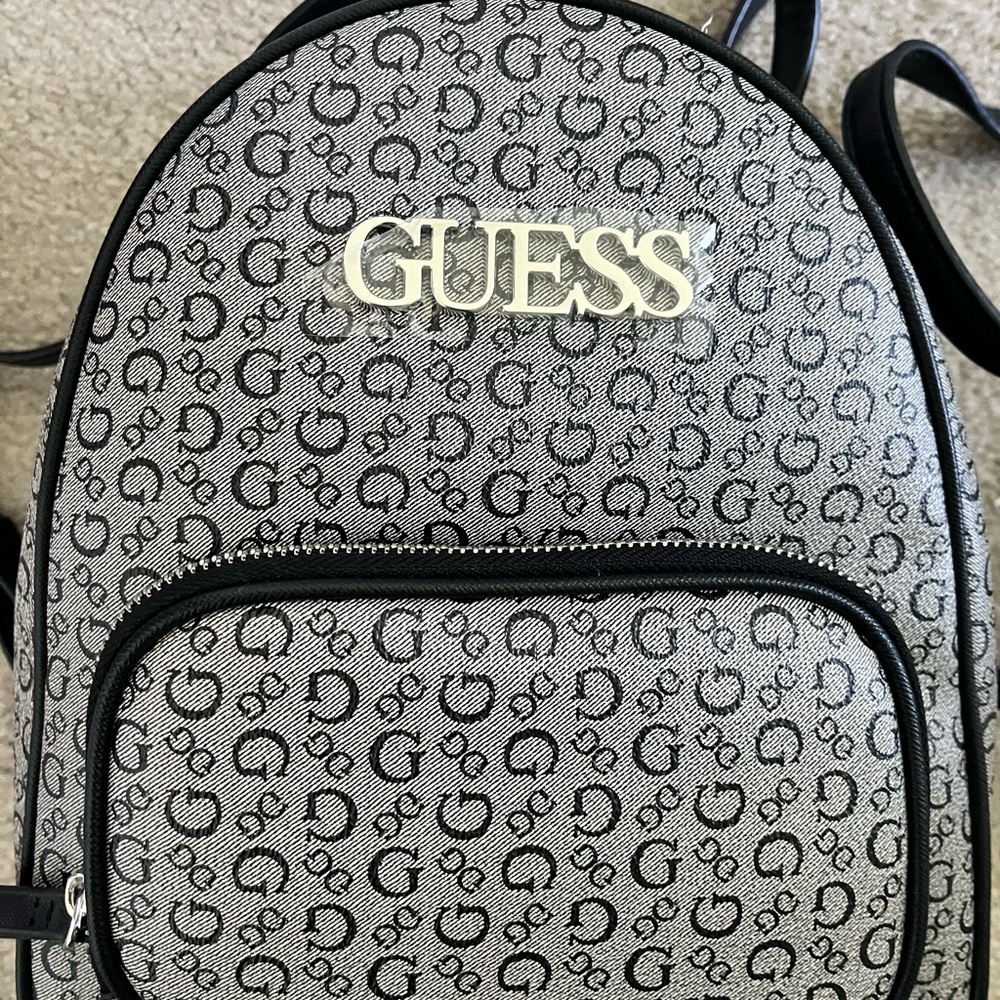 GUESS Signature Pattern Backpack in Black and Gray